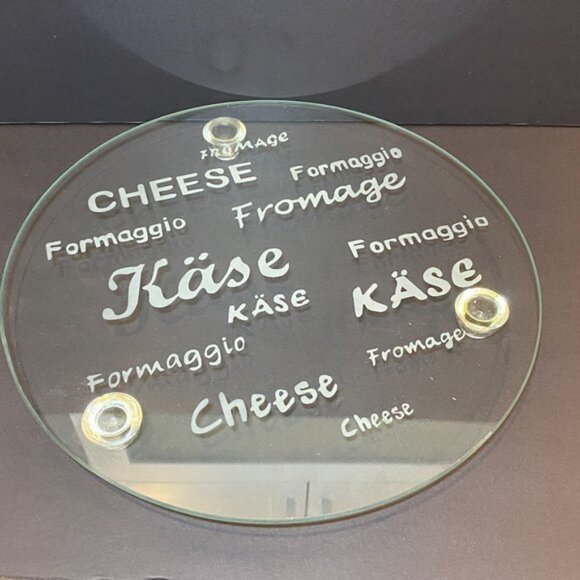 Large Clear Glass Cheese Platter Words Fromage Formaggio Käse - Picture 1 of 3